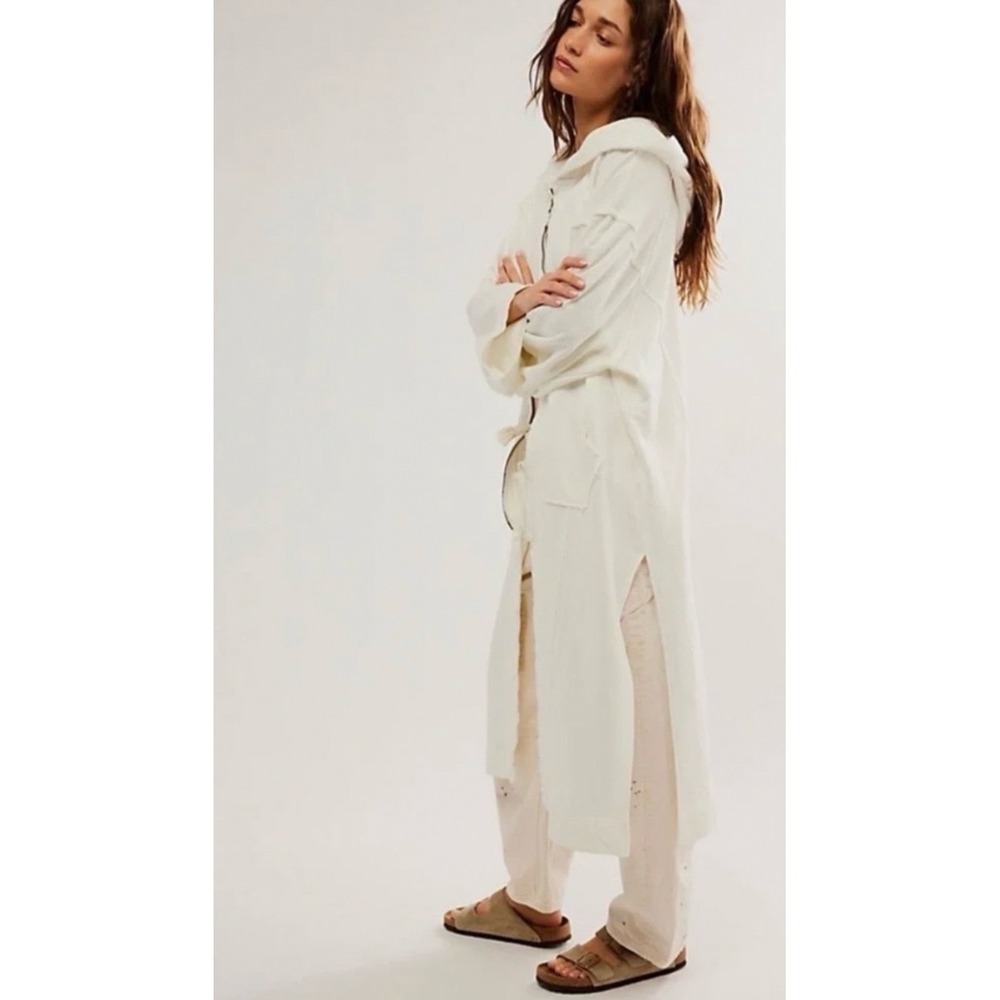 Free People Yoko White Longline Zip Up Hoodie Duster Jacket Raw Edge Seam S - Picture 2 of 8